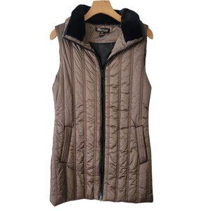 Renuar Puffer Vest Long Sleeveless Jacket Brown Size S Winter Faux Fur Collar